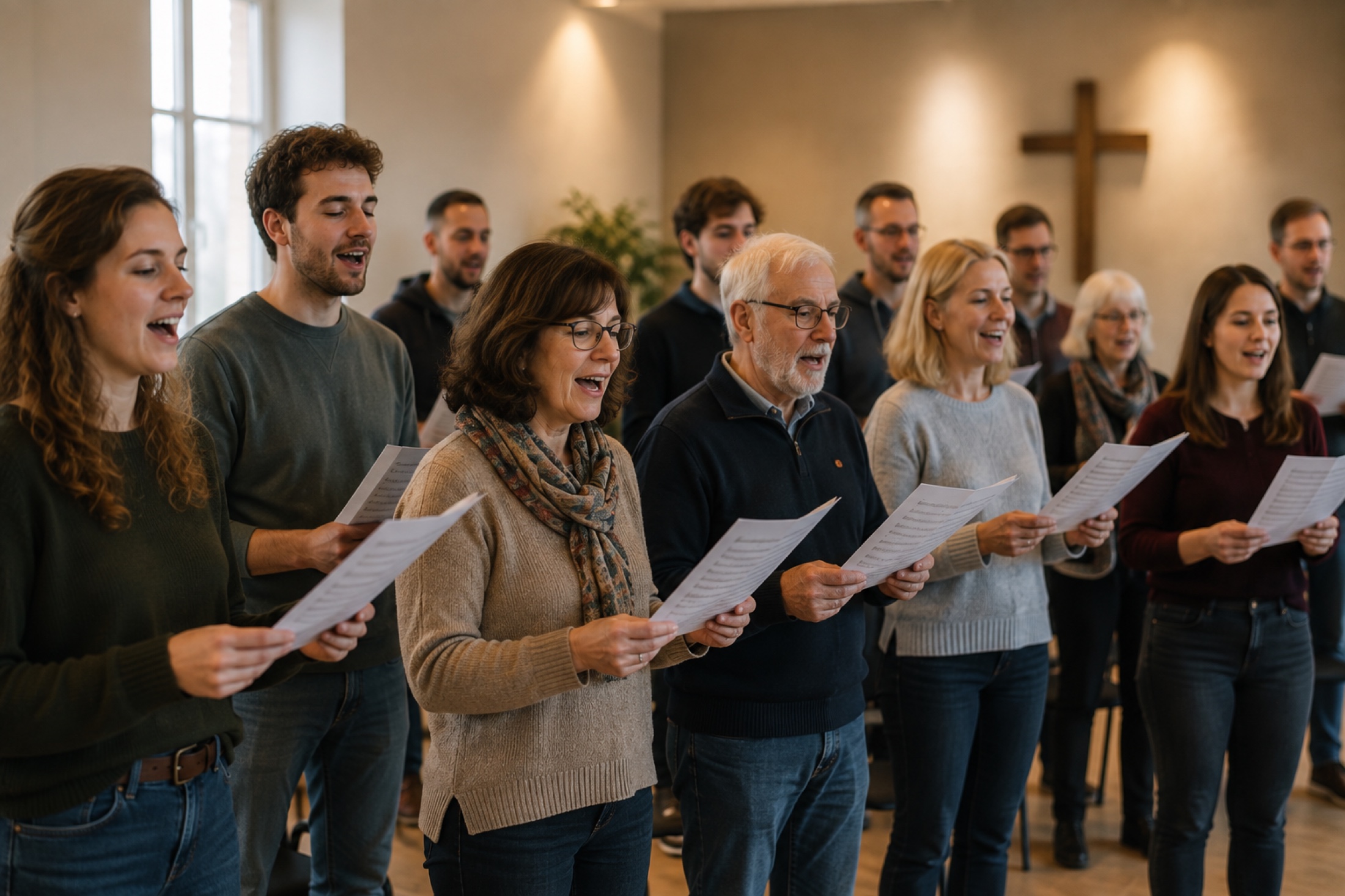 Jugendliche und Erwachsene singen gemeinsam in einem modernen Chor